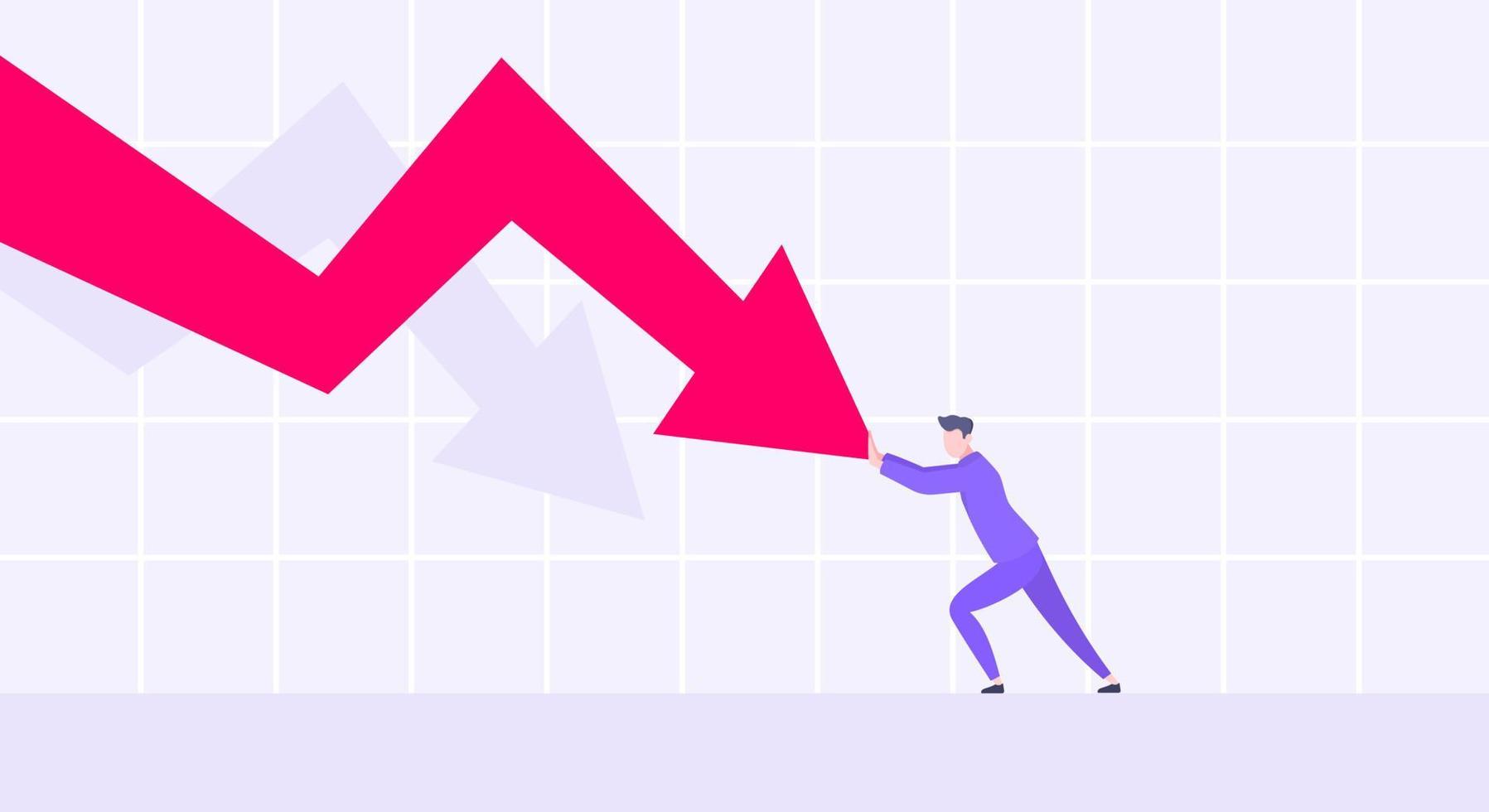 Recession loss and business bankruptcy concept. Young adult man pushed red crisis arrow downturn vector