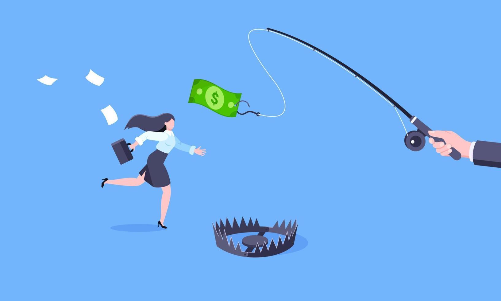 Fishing money chase business concept with businesswoman running after dangling dollar and trying to catch it. vector