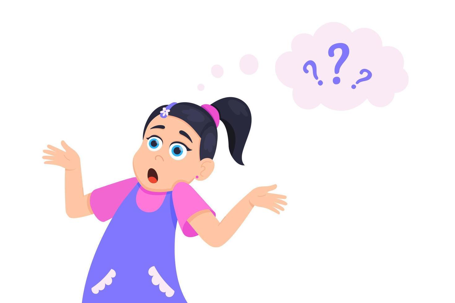 Little doubt girl kid asking question flat style design vector illustration isolated on white background.