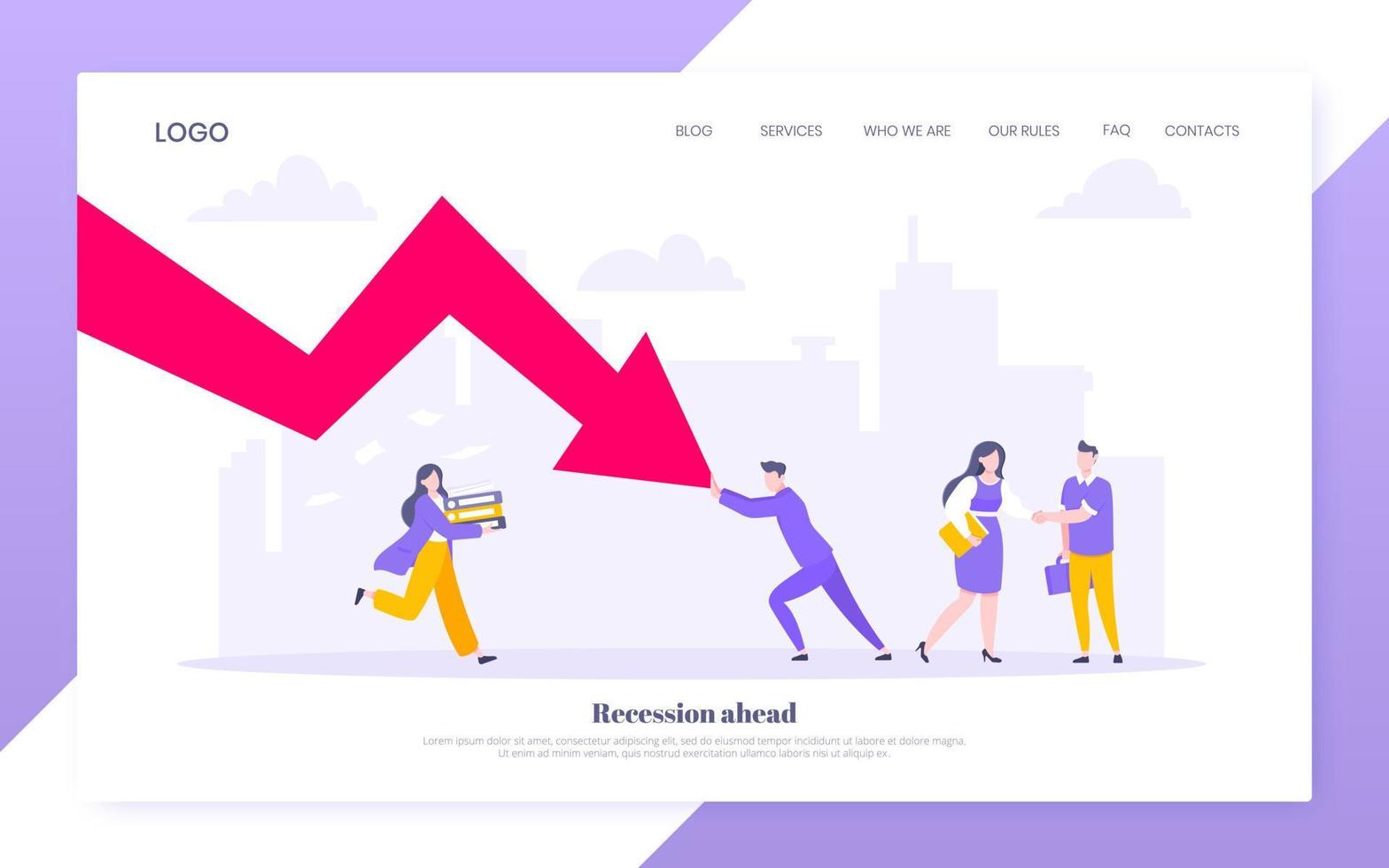 Cost reduction and business bankruptcy concept. Young adult people pushed red crisis arrow downturn vector illustration.