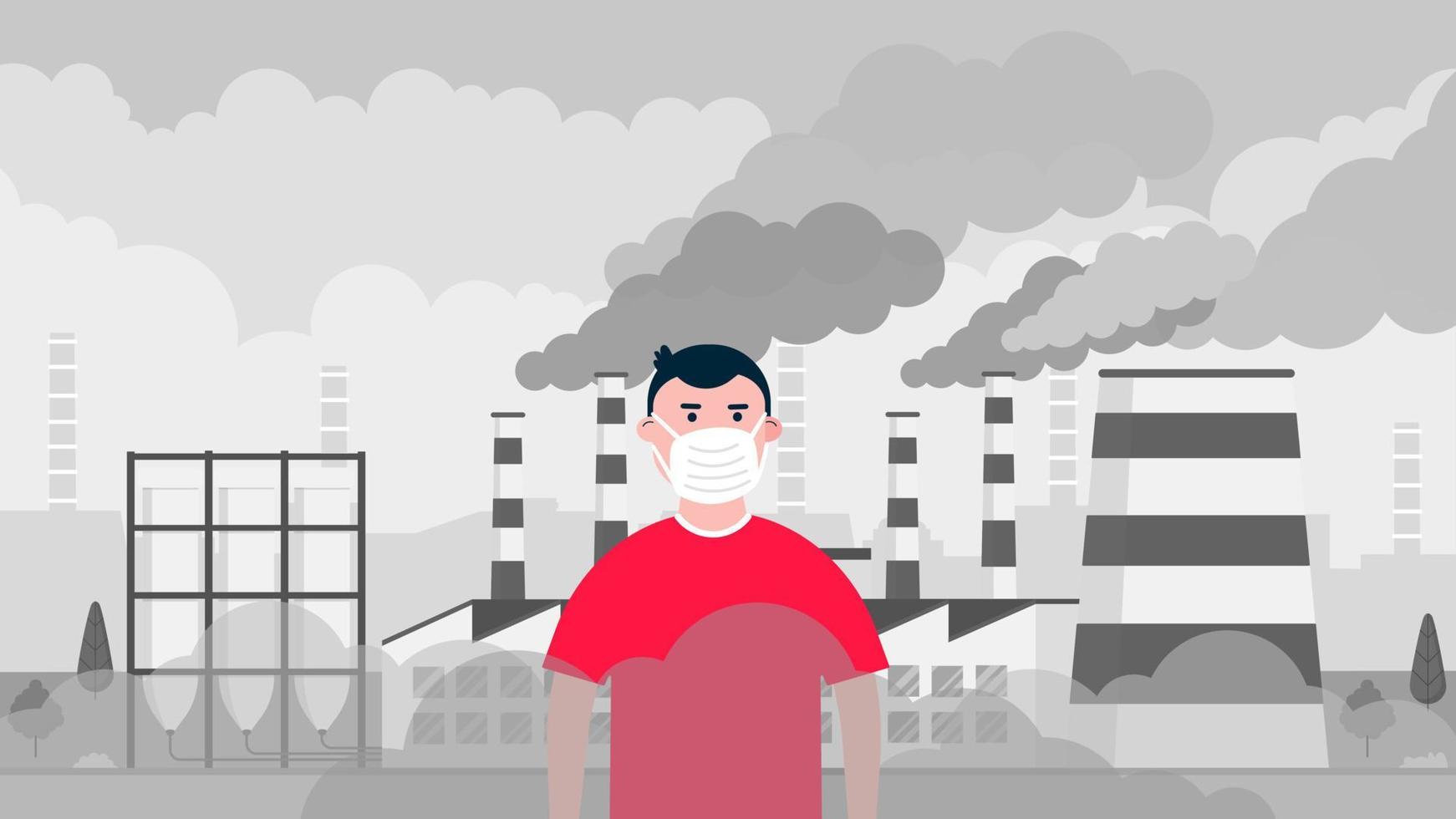 niño confundido en la máscara contra el smog. polvo fino, contaminación del aire, ilustración de vector de diseño de estilo plano de concepto de protección de smog industrial. Tuberías de plantas industriales con enormes nubes de humo detrás.