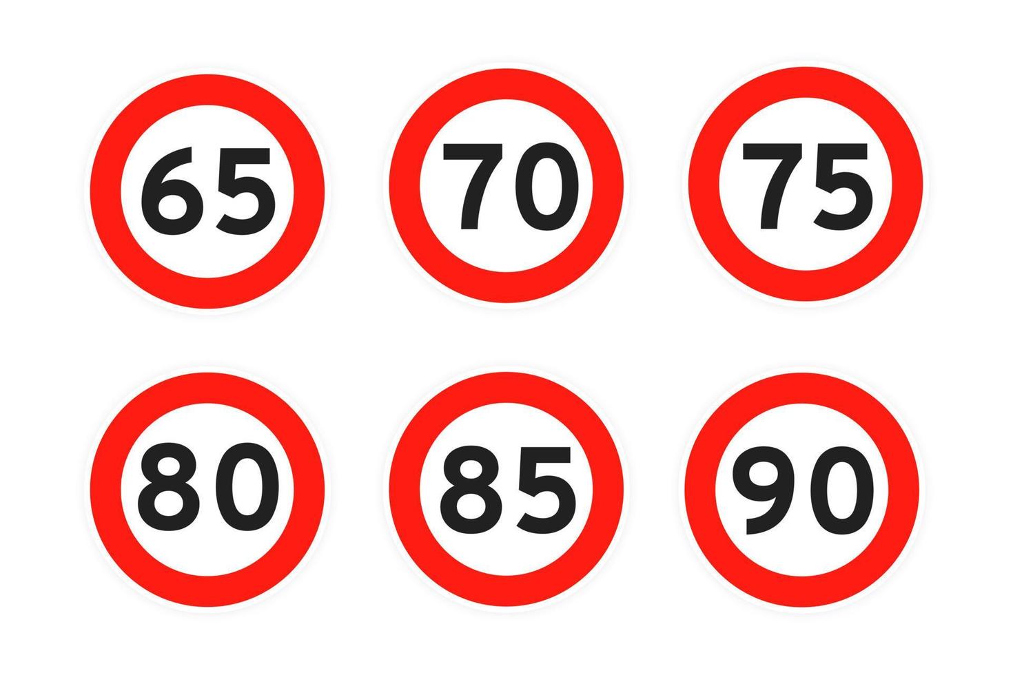 límite de velocidad 65, 70, 75, 80, 85, 90 icono de tráfico de carretera redondo signo estilo plano diseño vector ilustración conjunto.