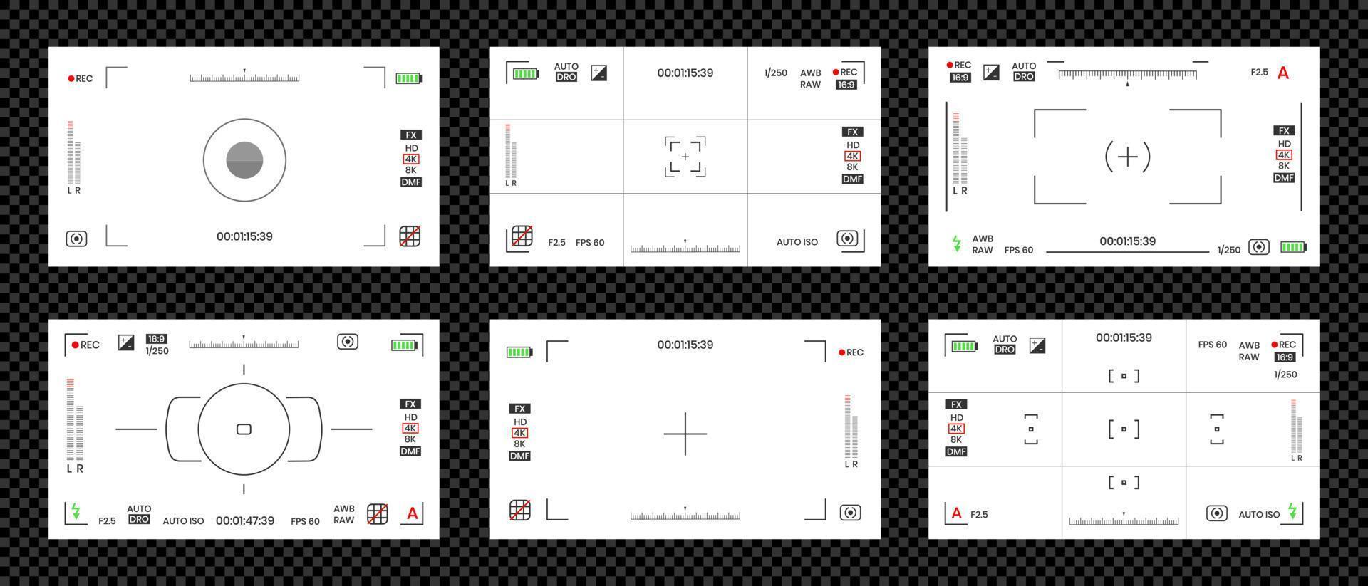 Camera viewfinder video or photo frame recorder flat style design vector illustration set.