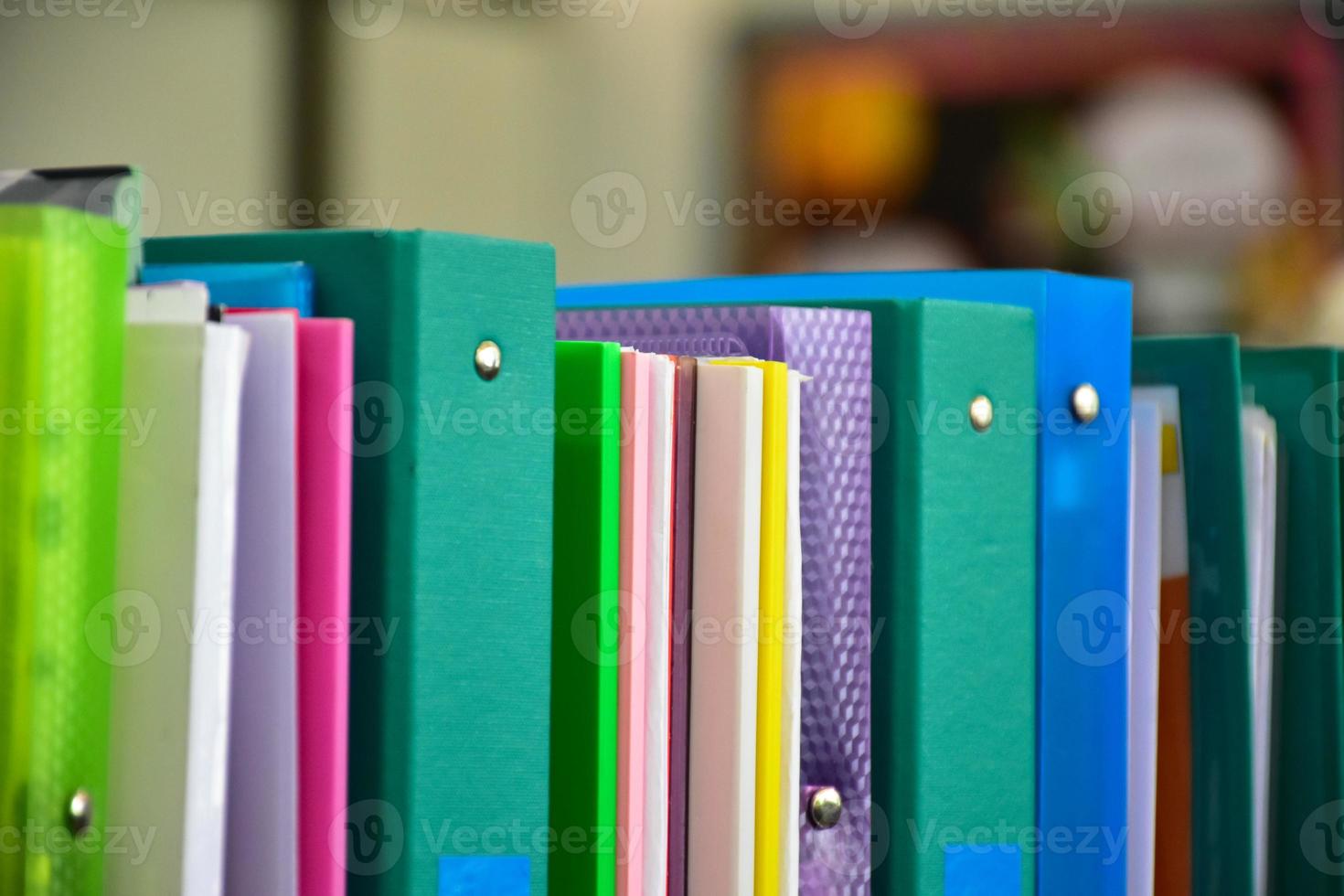 Closeup view of paperwork box for keeping various documents inside which is placed on the table in the office, soft focus. photo