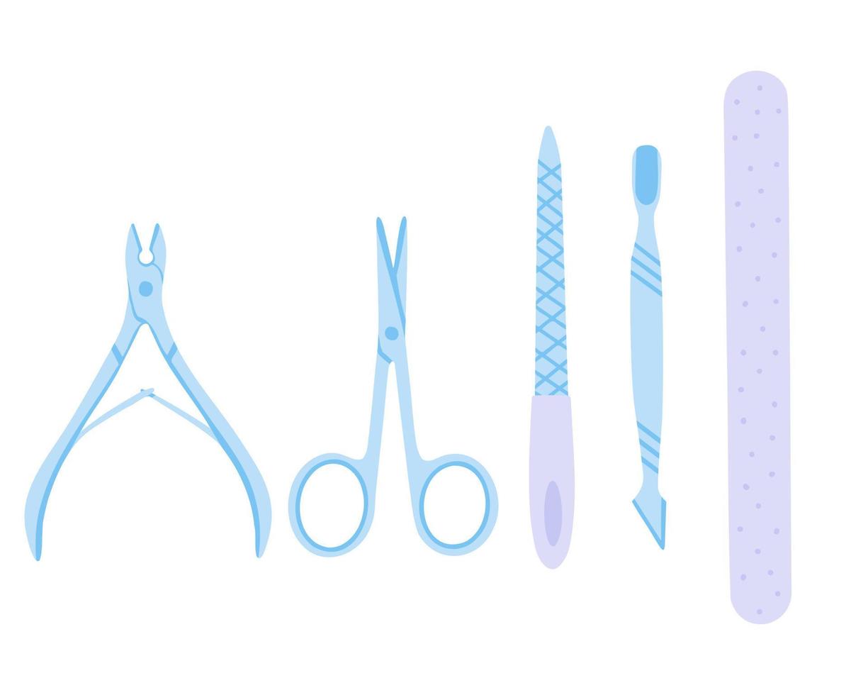 Manicure tools, manicure scissors, nippers, nail files, pusher. Illustration for printing, backgrounds, covers, packaging, greeting cards, posters and stickers. Isolated on white background. vector