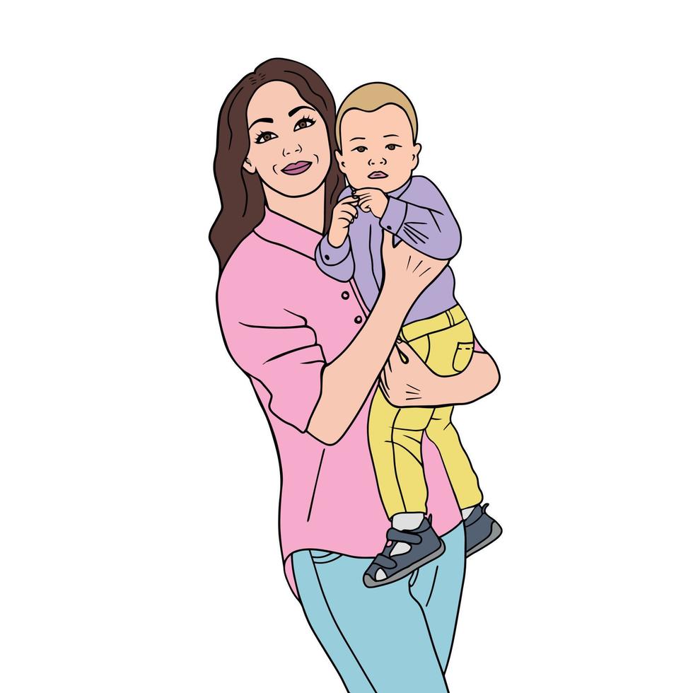 Woman with baby, young mother and child. Mother's day. Vector Illustration for printing, backgrounds, covers, packaging, greeting cards, posters, stickers. Isolated on white background.
