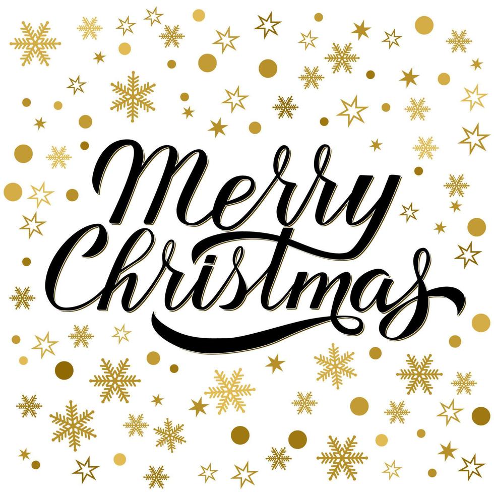 Merry Christmas greeting card. Hand written numbers 2019. Gold Holidays pattern with snowflakes and dots. vector