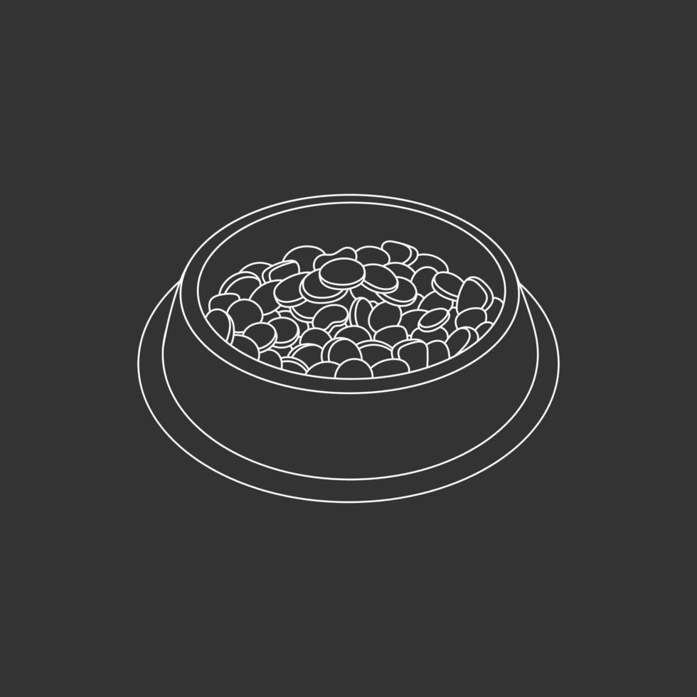 Bowl of food for feed dog and cat pet in doodle style, vector illustration. Animal bowl outline for print and design. Isolated element drawn in chalk on a black background. Graphic icon snack