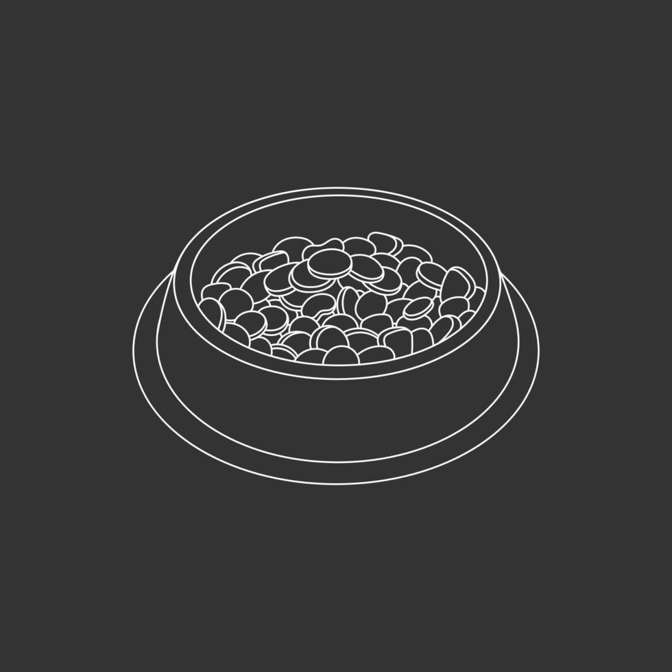 Bowl of food for feed dog and cat pet in doodle style, vector illustration. Animal bowl outline for print and design. Isolated element drawn in chalk on a black background. Graphic icon snack