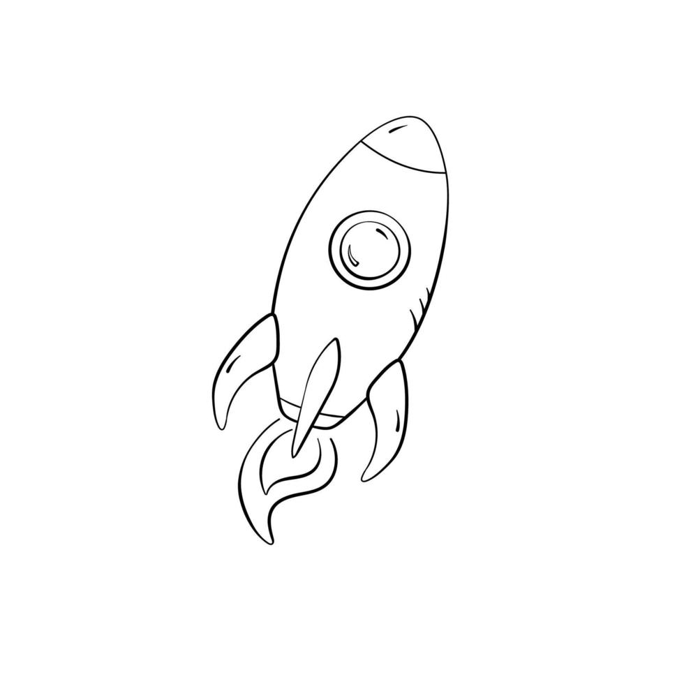 Rocket in doodle style, vector illustration. Icon space for print and design. Sketch spaceship hand drawn, isolated element on a white background. Concept symbol to launch startup and creative idea