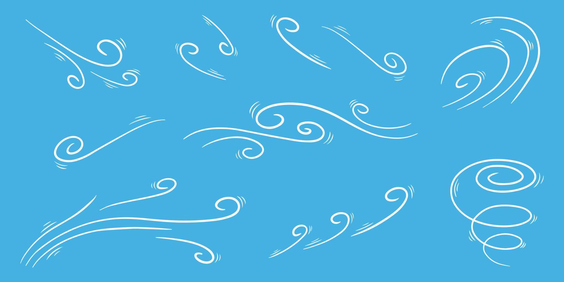 Wind blow set in doodle style, vector illustration. Wave cold air during windy weather. Gust symbol outline for print and design. Isolated black line element on a blue background