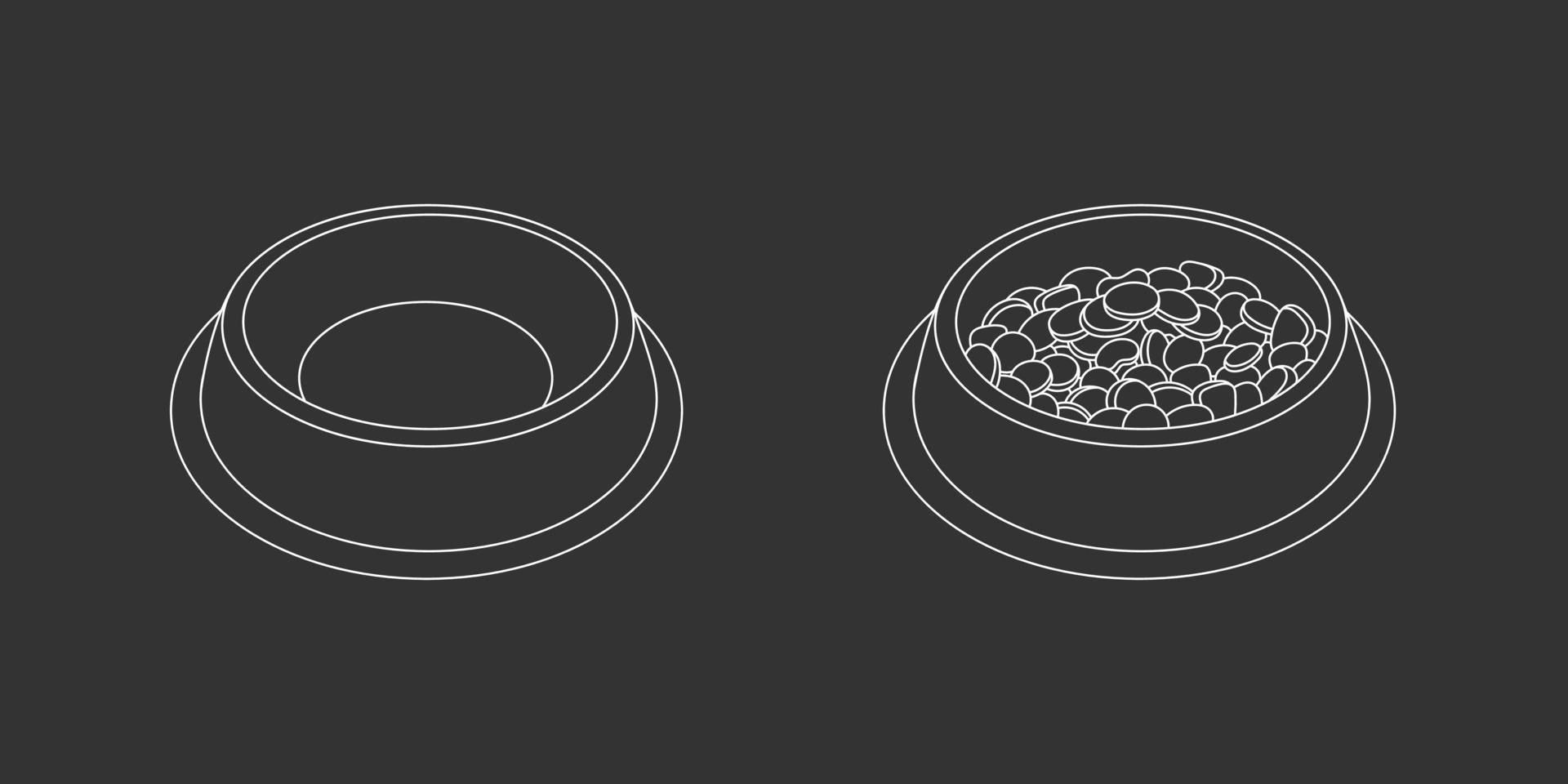 Bowl of food for feed dog and cat pet in doodle style, vector illustration. Animal bowl outline for print and design. Isolated element drawn in chalk on a black background. Graphic icon snack