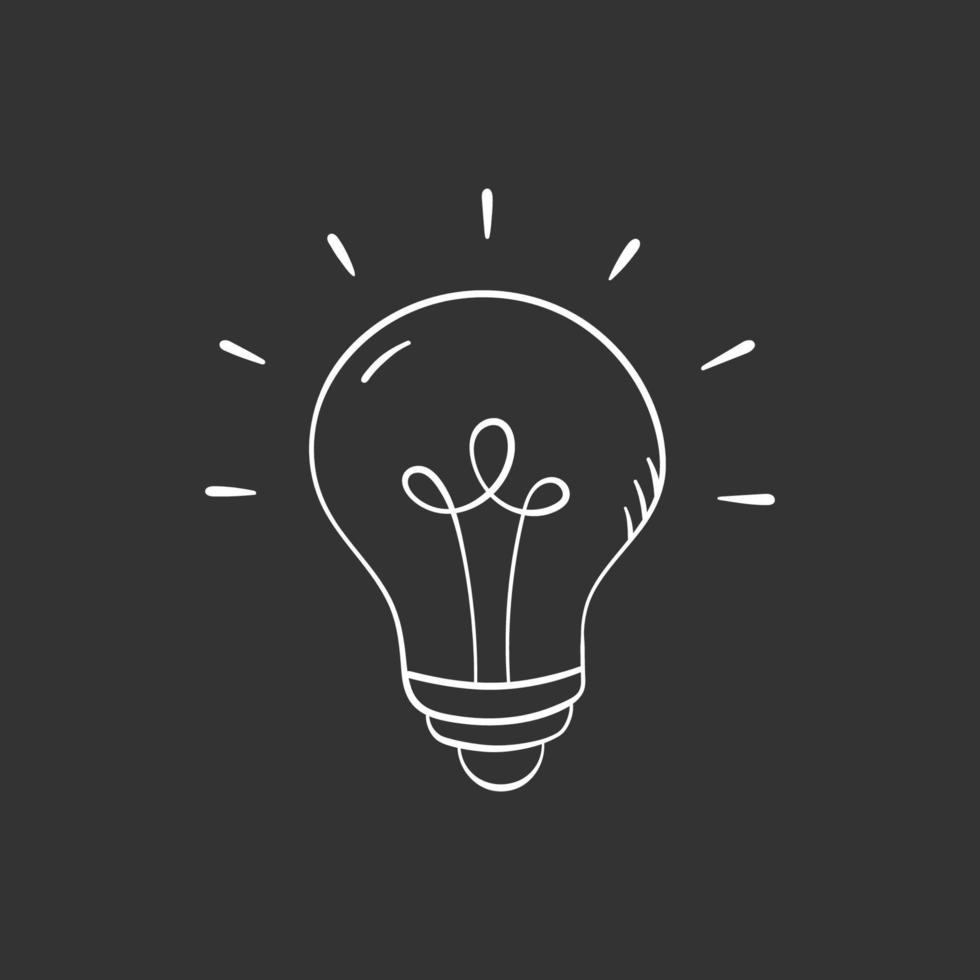 Bulb ligh in doodle style, vector illustration. Hand drawn idea icon, isolated element on black background. Lightbulb graphic symbol  for print and design