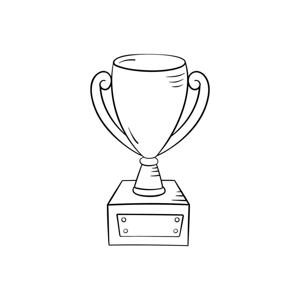 Winner cup in doodle style, vector illustration. Award for first place in sports game. Golden trophy to the winner of the competition. Isolated element on a white background. Graphic icon of prize