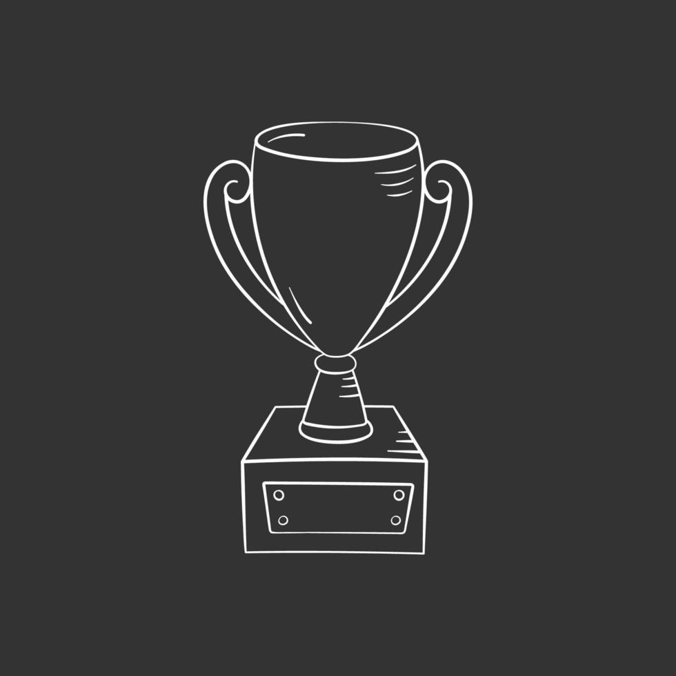 Winner cup in doodle style, vector illustration. Award for first place in sports game. Golden trophy to the winner of the competition. Isolated element on a black background. Graphic icon of prize