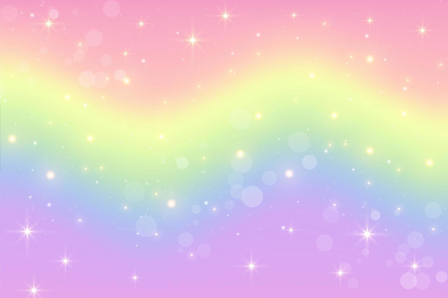 Rainbow unicorn fantasy wavy background with bokeh and stars. Holographic illustration in pastel colors. Bright multicolored sky. Vector