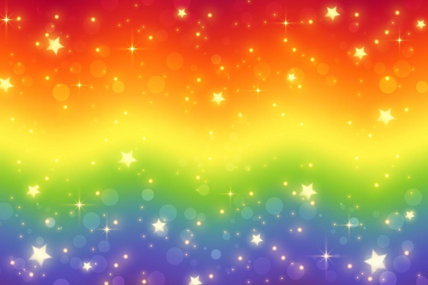 Rainbow fantasy background. Holographic wavy illustration. Bright multicolored sky with stars and bokeh. Vector. vector