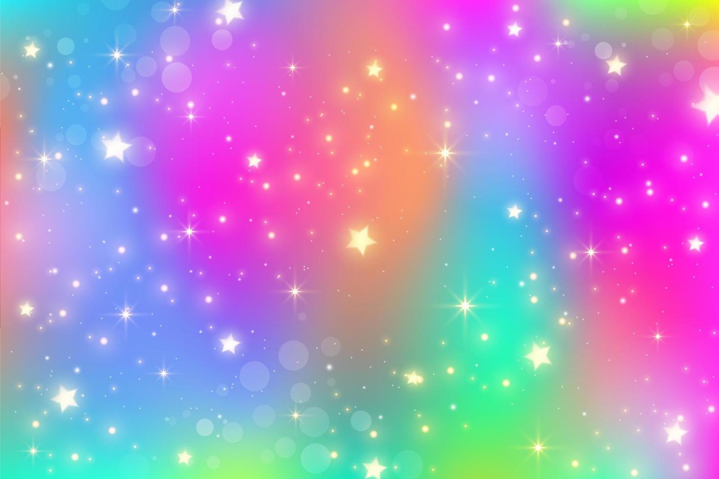 Rainbow unicorn fantasy background with bokeh and stars. Holographic bright multicolored sky. Vector