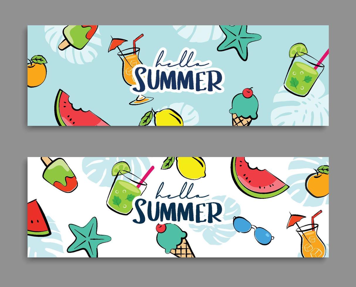 Hello summer banners design hand drawn style. Summer with doodles and objects elements for beach party background. vector