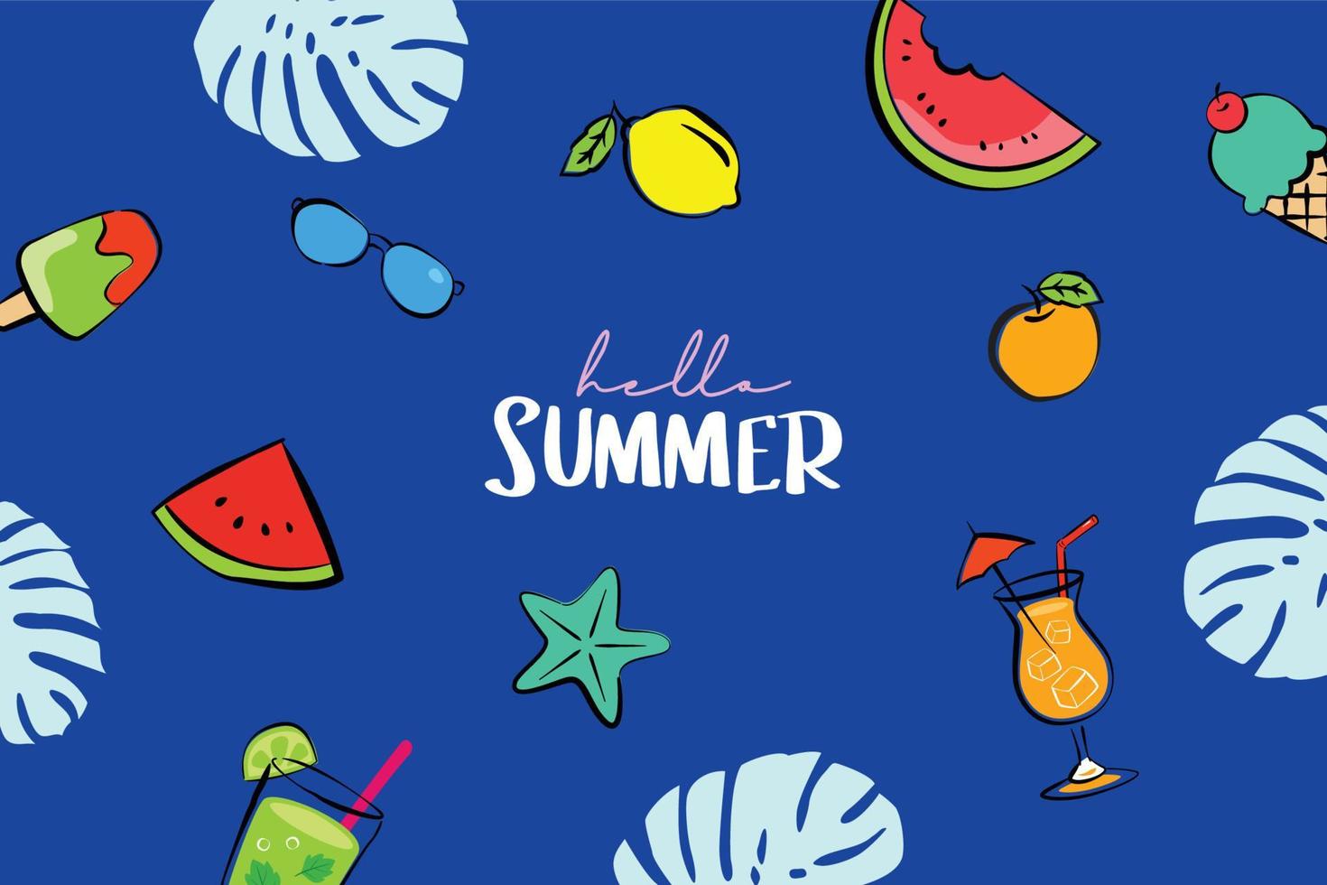 Hello summer banners design hand drawn style. Summer with doodles and objects elements for beach party background. vector