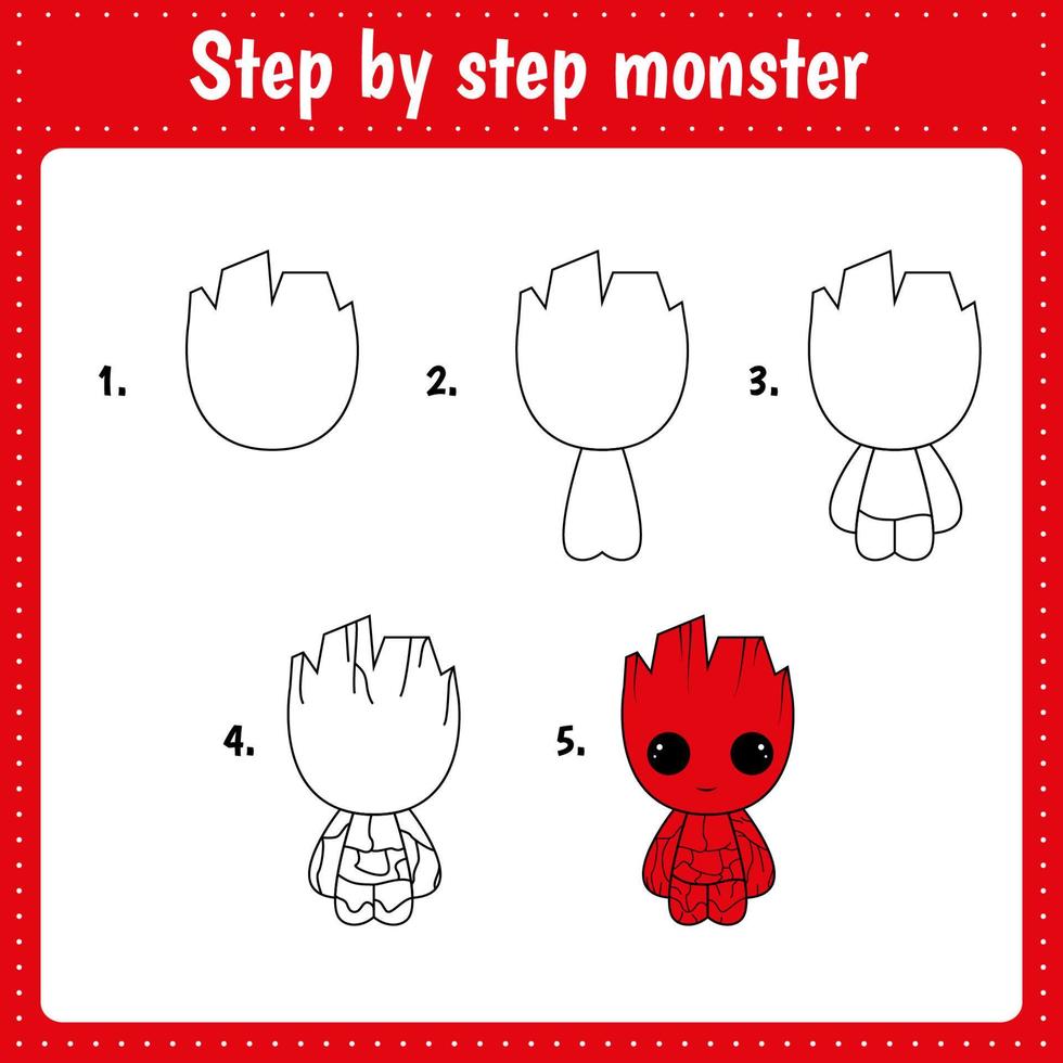 Educational worksheet for kids. Step by step drawing illustration. Monster. vector
