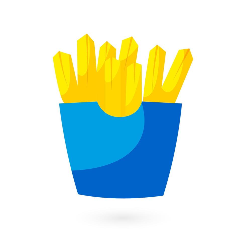 Cartoon French fried potato in blue pack box. Fast food. vector