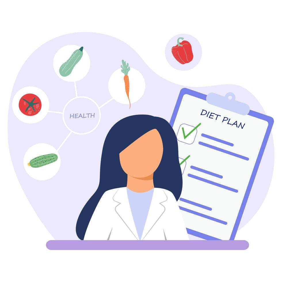 un nutricionista con un plan de dieta para un seminario de nutrición. comida sana. vector