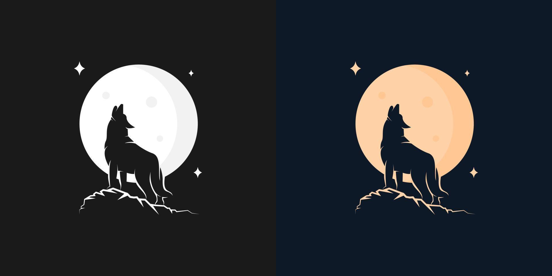 ilustración de silueta de lobo aullando con diseño de logotipo de luna vector