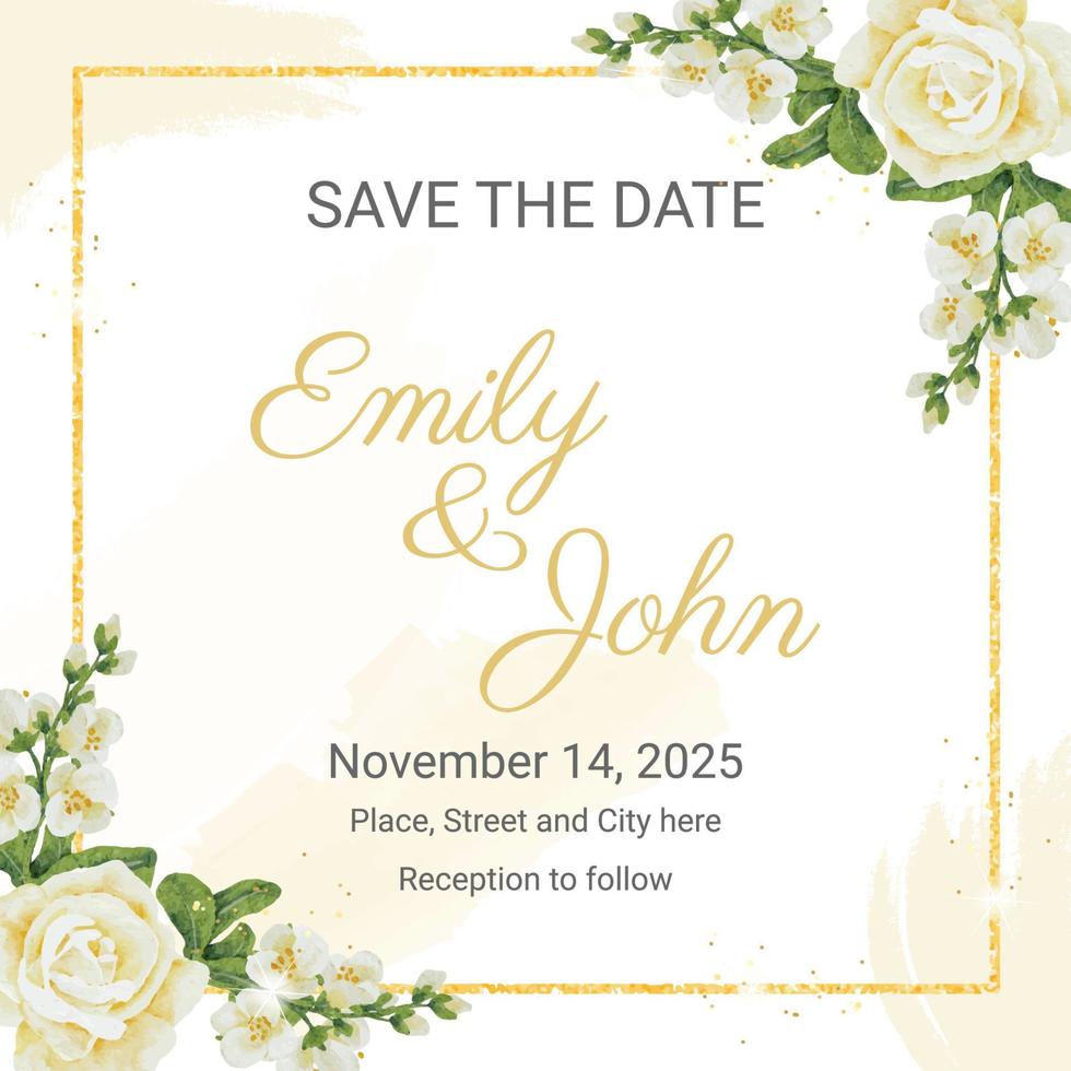 watercolor white roses bouquet with golden luxury square frame wedding invitation card template vector