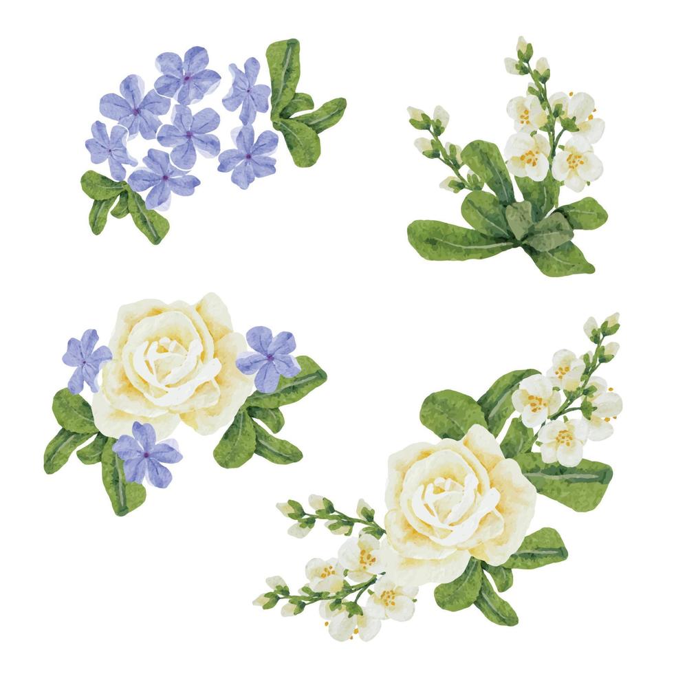 watercolor beautiful white rose and blue Plumbago auriculata plant flower bouquet clipart collection vector