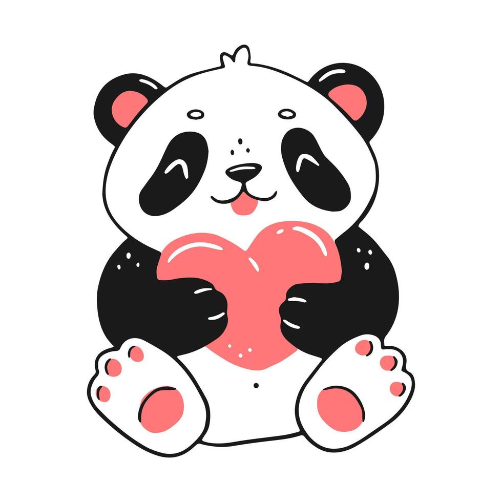 Cute sitting happy panda with a heart in cartoon linear style. Vector isolated illustration.