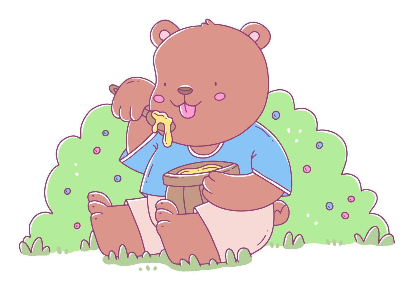 Cute color children's illustration with a sitting bear eating honey. Vector animal illustration.