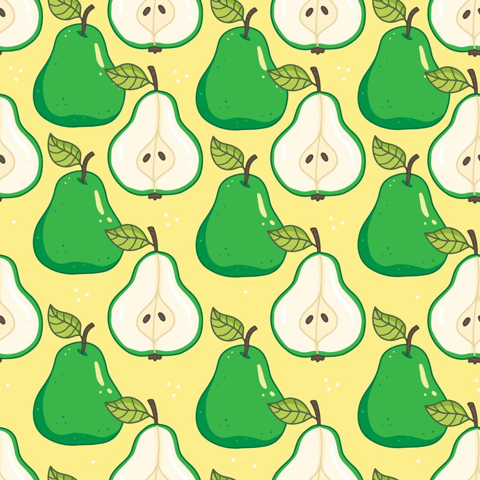 Seamless pattern with green pears with leaves. Vector fruit food illustration background.