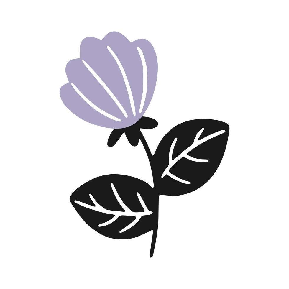 Cute flower with leaves in a simple doodle style. Vector isolated floral illustration.