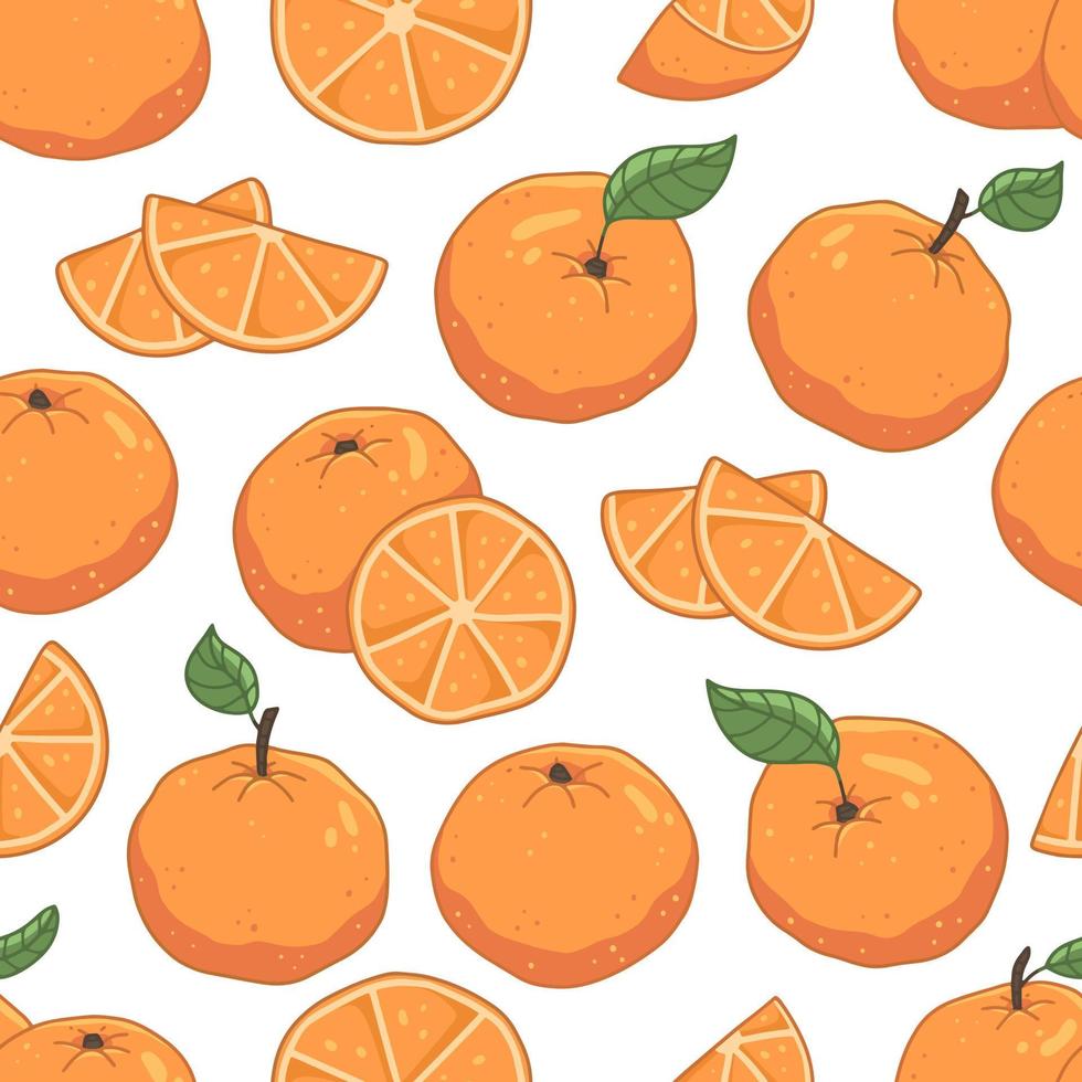 Seamless pattern with whole oranges and slices on a white background. Vector fruit illustration background.