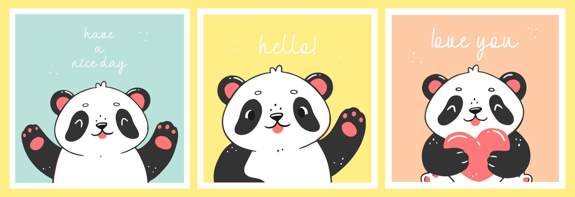 A set of three colorful children's postcards with cute panda and inscriptions. Love you, hello, have a nice day. The concept of cards for children. Vector animal illustration.