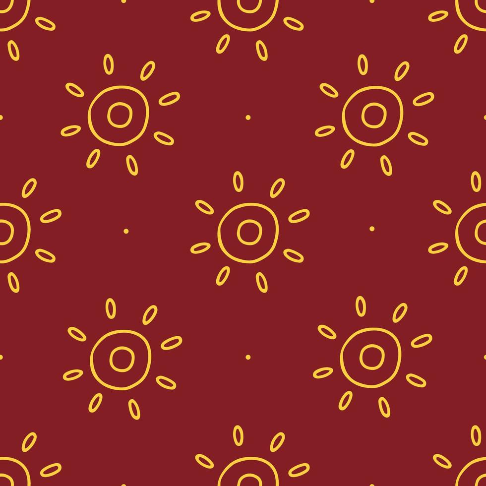 Hand drawn boho seamless pattern with gold sun symbol on red background. Vector illustration background.