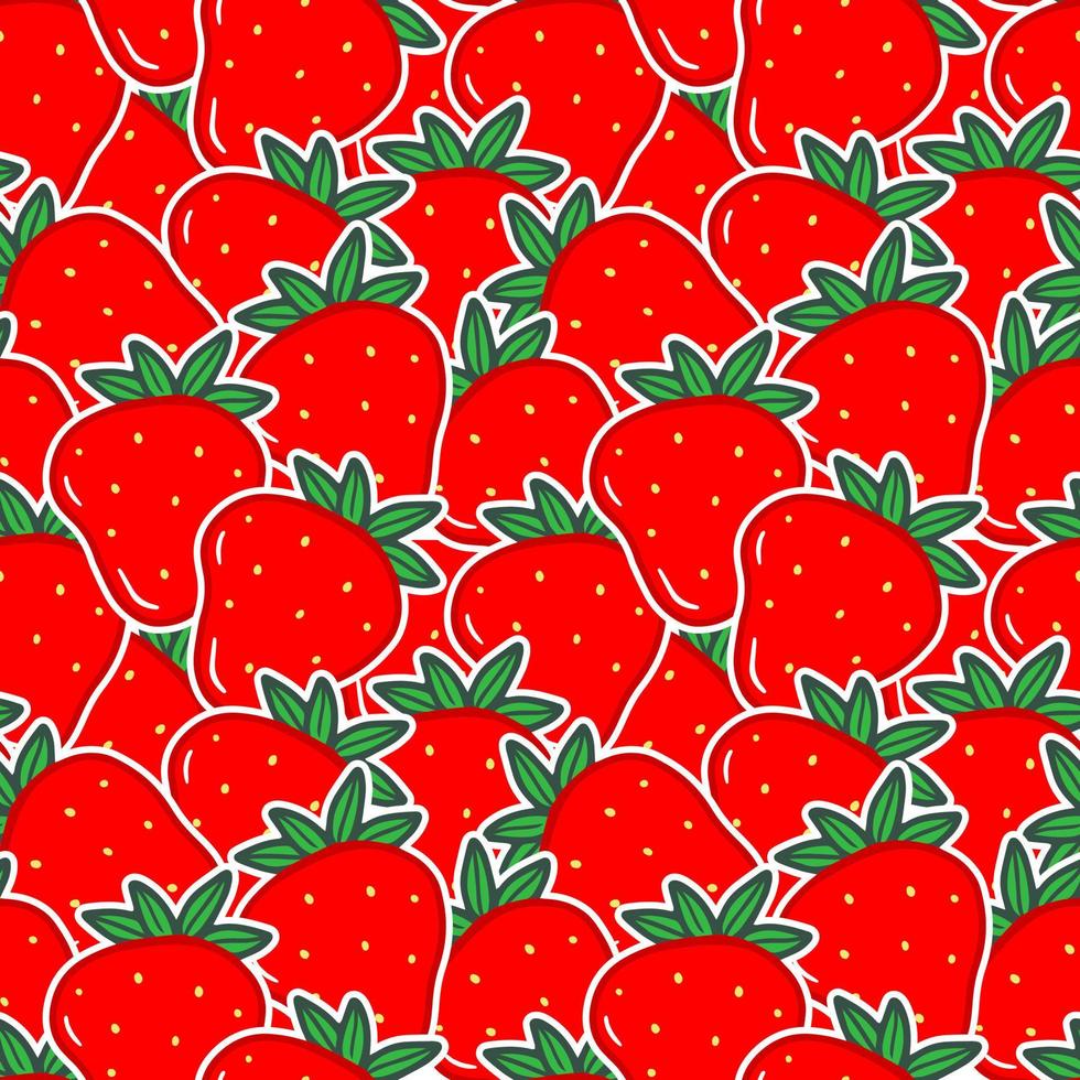 Seamless pattern with red strawberry stickers in cartoon style. Vector food illustration background.