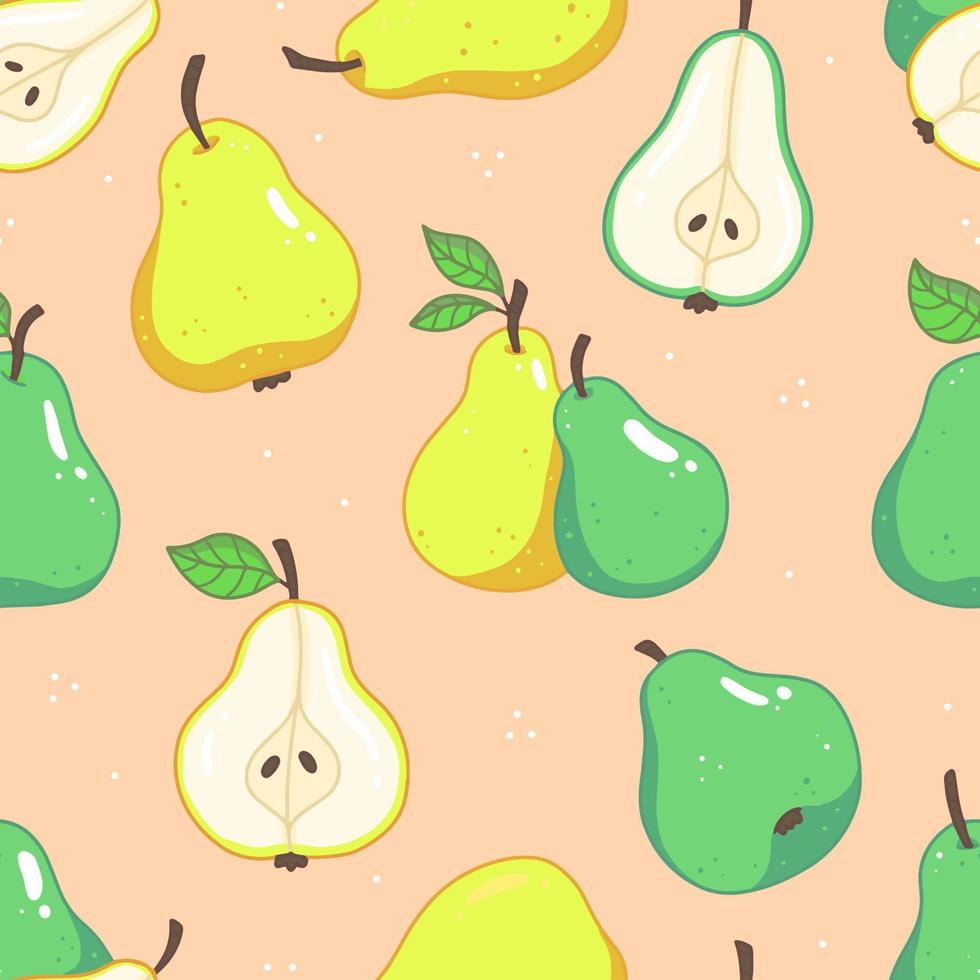 patrón impecable con peras verdes y amarillas con hojas sobre un fondo rosa. fondo de ilustración de comida de fruta vectorial. vector