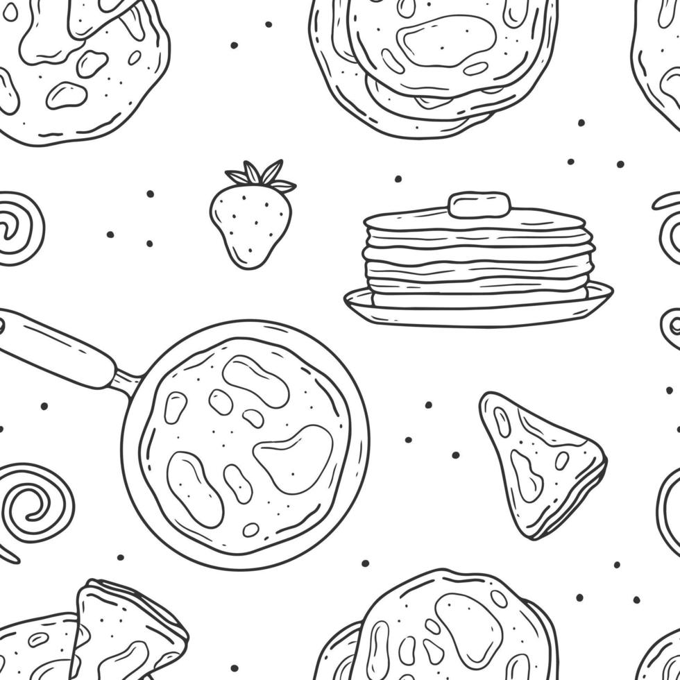 Seamless black and white pattern with pancakes and strawberries. Pancake day, Maslenitsa. Vector illustration background.