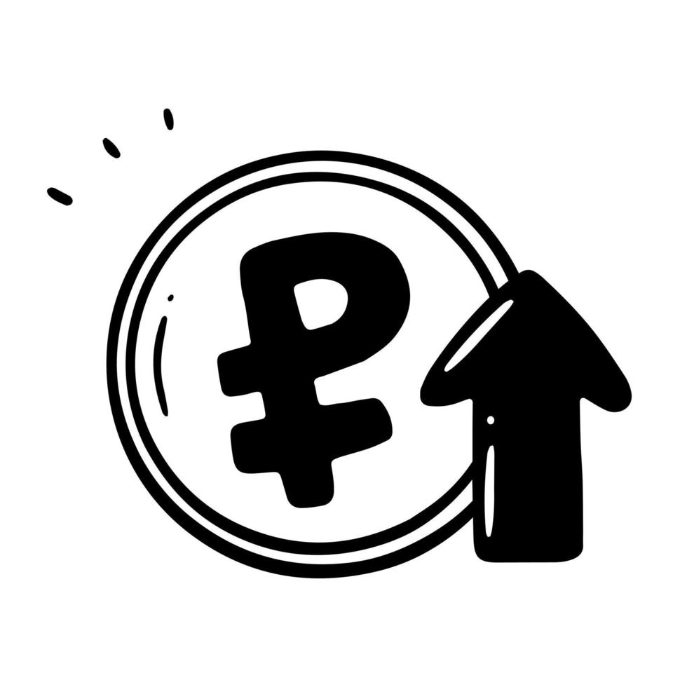 The growth of the Russian ruble. The ruble soared. A coin with a ruble symbol and an arrow pointing upwards in a linear doodle style. Vector isolated illustration.