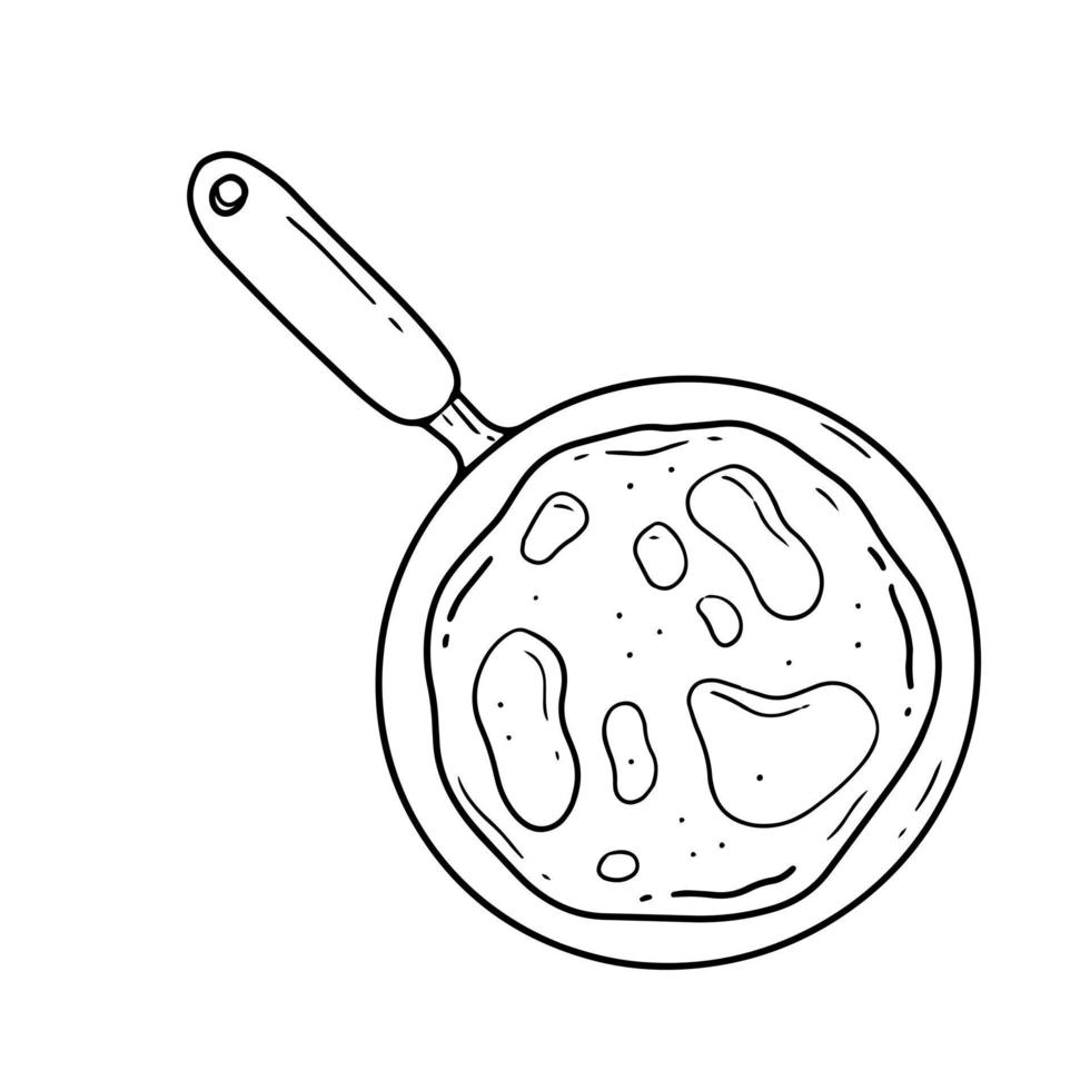 sartén con panqueque en un estilo de garabato simple. ilustración vectorial aislada de la comida. Día del panqueque. vector