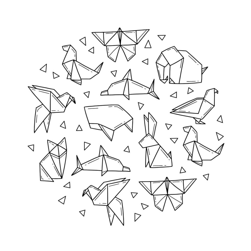 Origami animals in the shape of a circle in doodle style. Vector isolated illustration template.