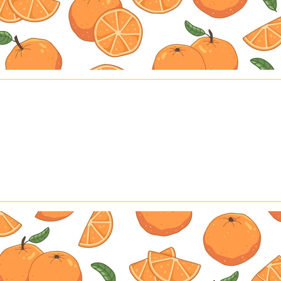 Horizontal cute frame with different oranges and leaves. Vector illustration template.