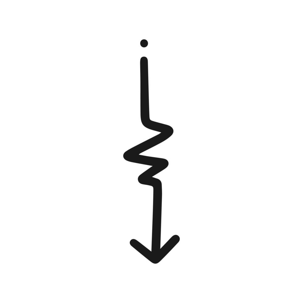 Curved zigzag arrow pointing down. The arrow symbol. Vector isolated illustration.