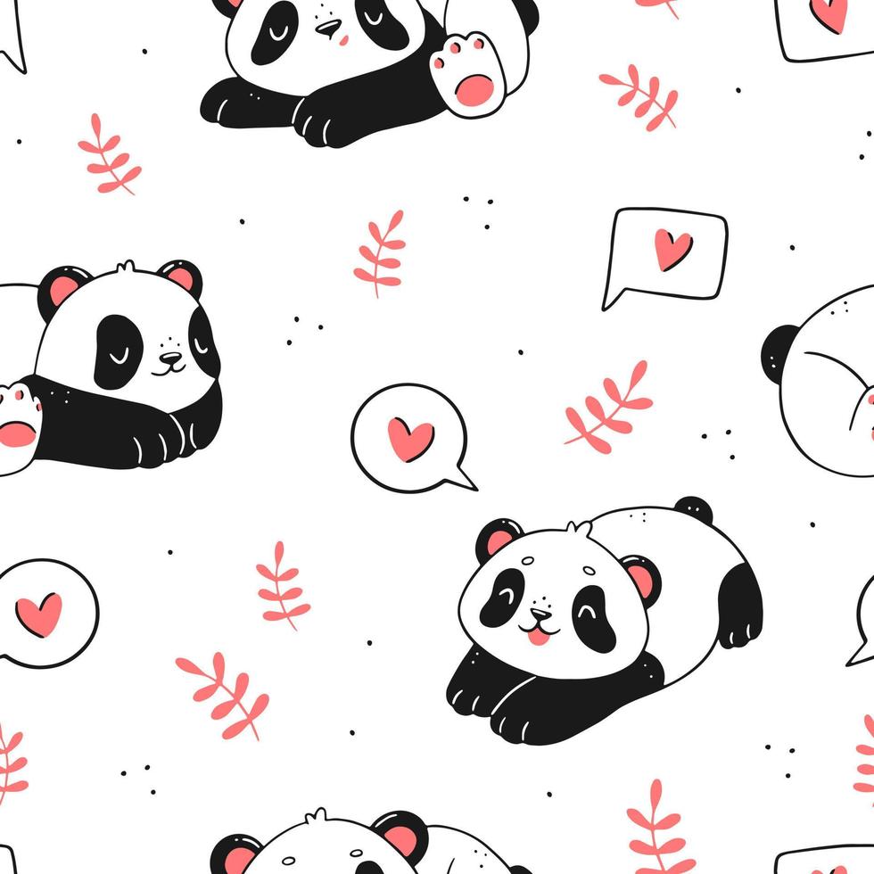 patrón impecable con lindos pandas y corazones estilo garabato sobre un fondo blanco. fondo de ilustración vectorial. vector