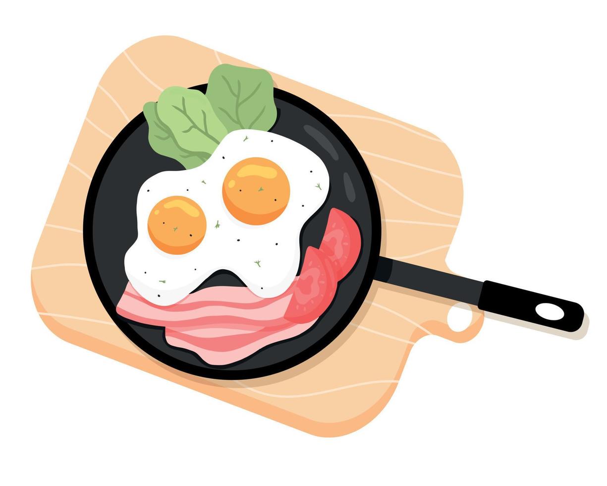 Scrambled Eggs on a pan. Fried Eggs with vegetables and Bacon. Vector illustration in cartoon style. English delicious Breakfast. Omelet with tomato and bacon.