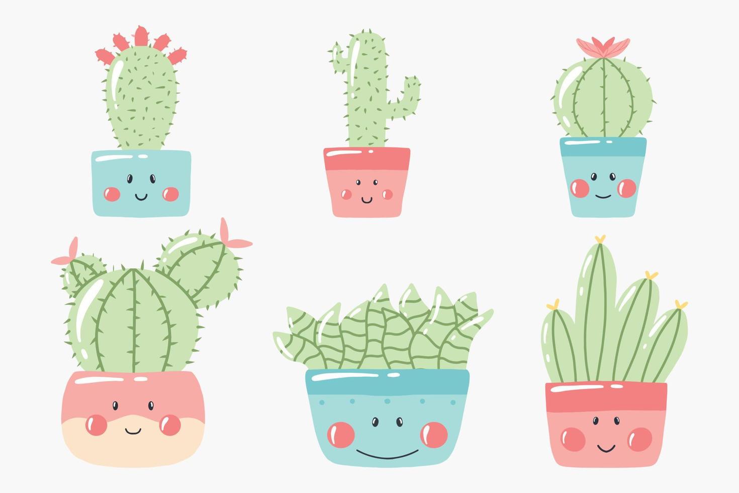 Set of cacti in kawaii style. Vector illustration. Cute cacti in pots.