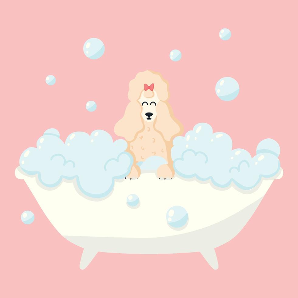 Dog in a bubble bath. Pet care. Bathing the dog in the bathroom. Vector illustration in cartoon style.