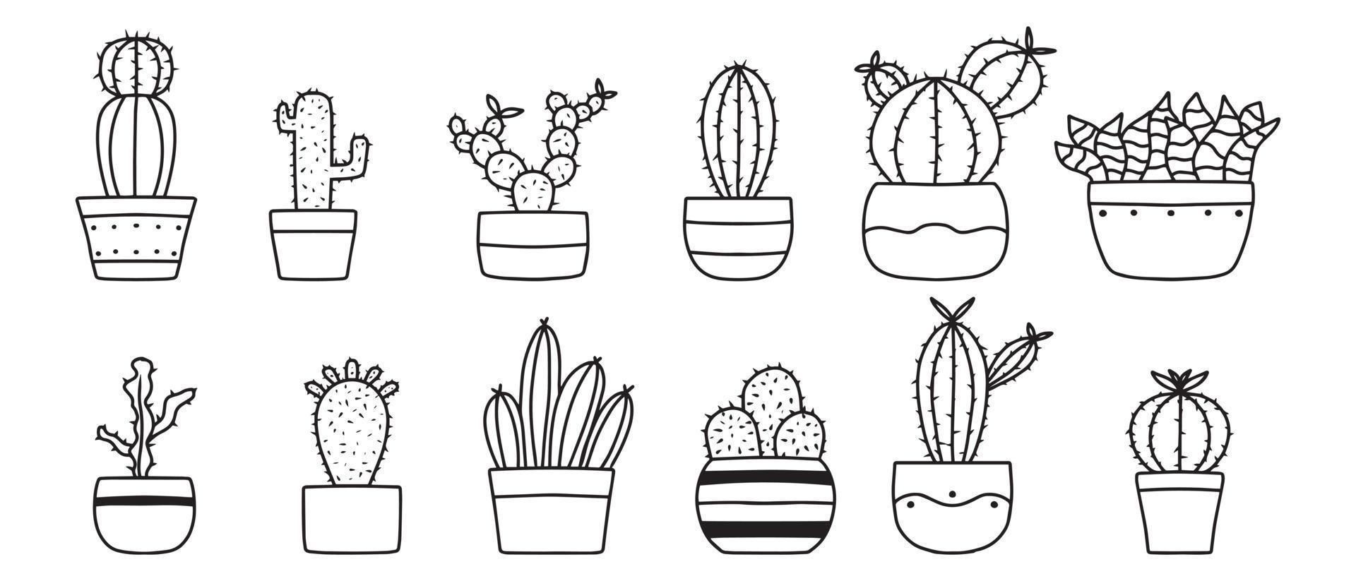 Doodle Cactus Set. Cacti in Pots. Vector illustration